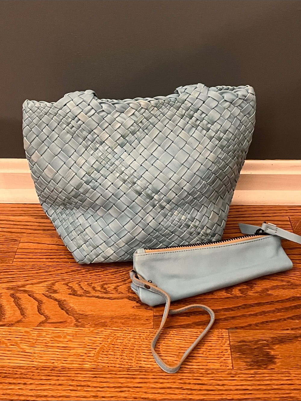 Laurent Effel St Barth Italy Leather Hand Bag Purse Woven Turquoise / Blue